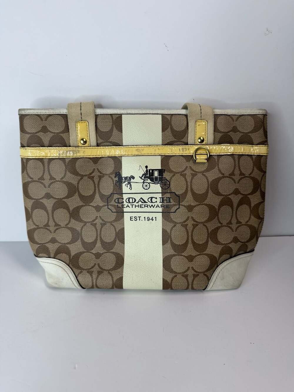 Vintage Coach Heritage Stripe Tattersall Signature Brown/Beige Tote Handbag Used